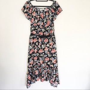 Love In Black Floral Ruffle Midi Dress Size Large